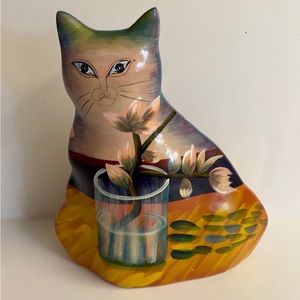 Hand painted ceramic cat vase with expressive face.Botanicals front and back.